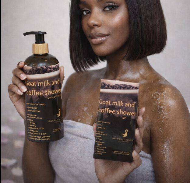 A bottle and box of Goat Milk and Coffee Shower Gel, held in warm natural light